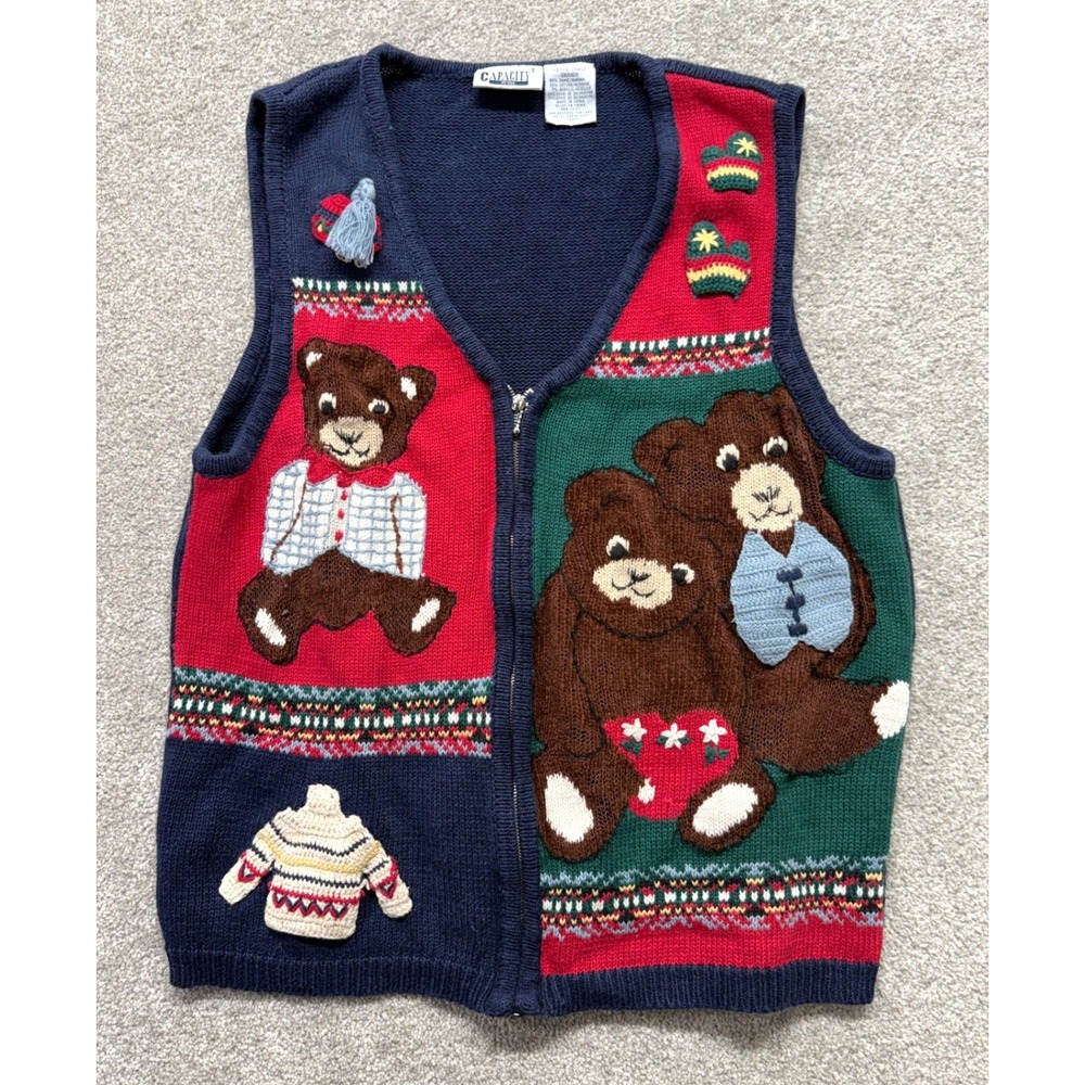 Vintage Capacity Petite Teddy Bear Novelty Zip Sweater Vest Navy Red Green PL